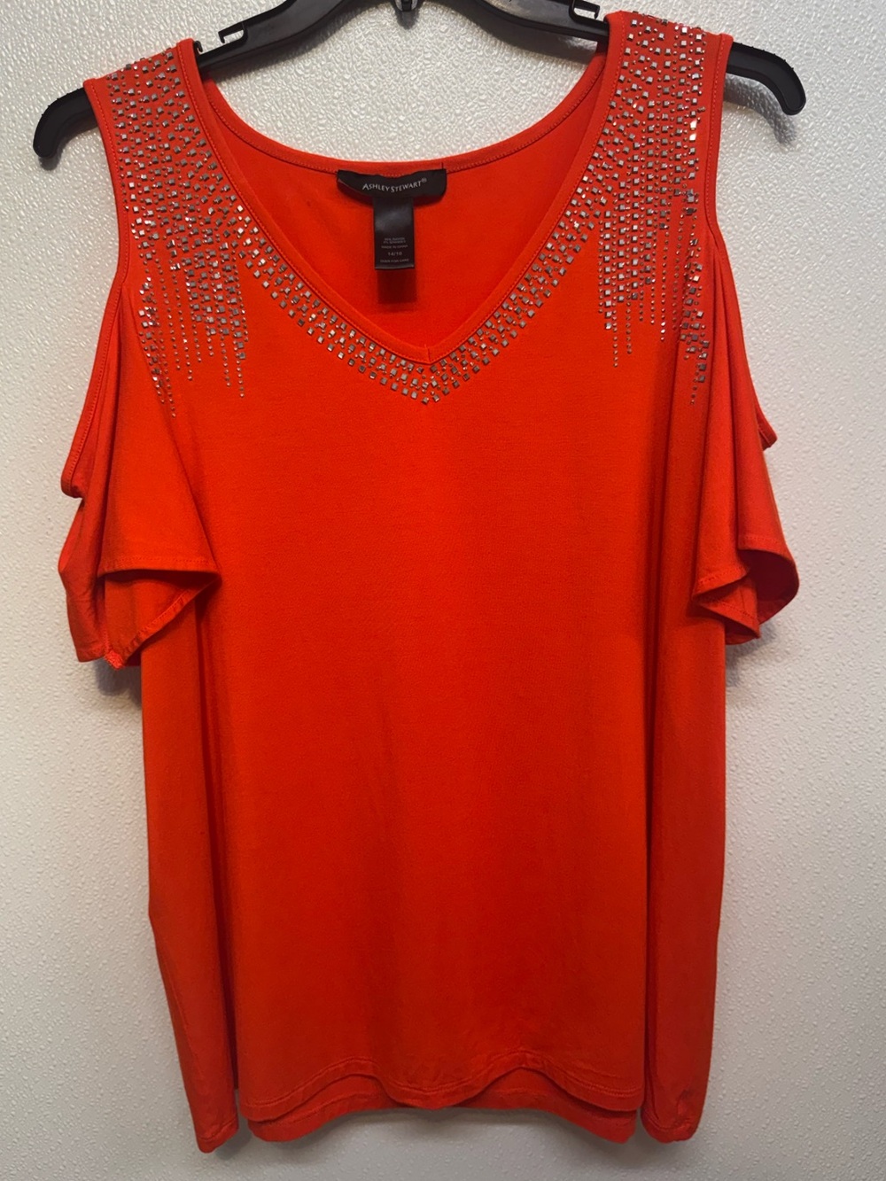 Ashley Stewart Orange Cold-Shoulder Embellished V-Neck Top Sz 14/16